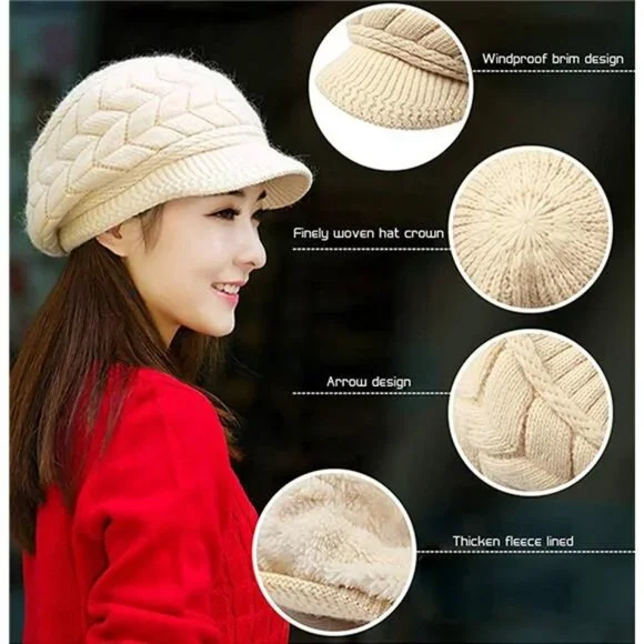 2 Pack Women Winter Warm Knit Hat Slouchy Beanie Cap with Visor